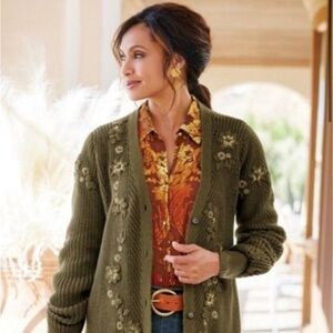 Soft Surroundings Olive Green Embroidered Women's Sweater Sz M